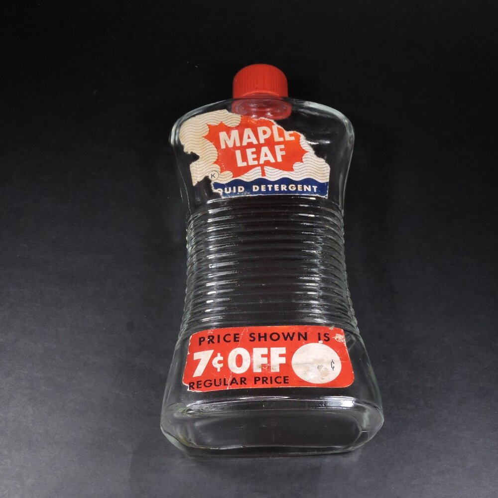 Vintage Maple Leaf Liquid Detergent Glass Bottle  8" Tall 1950's era